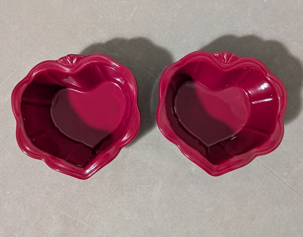 Princess House Pavillion Berry Red Heart Shaped Ramekins Stoneware Set of 2